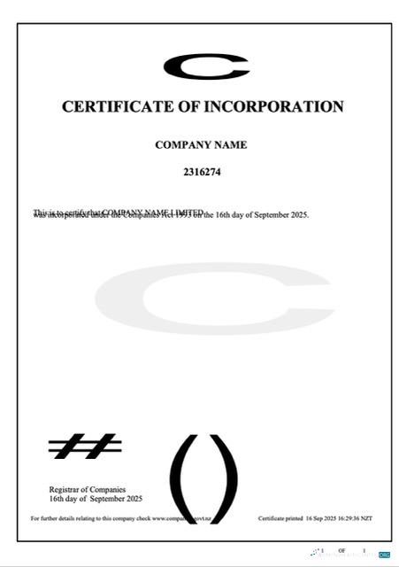 New Zealand certificate of incorporation Word and PDF template, version 2